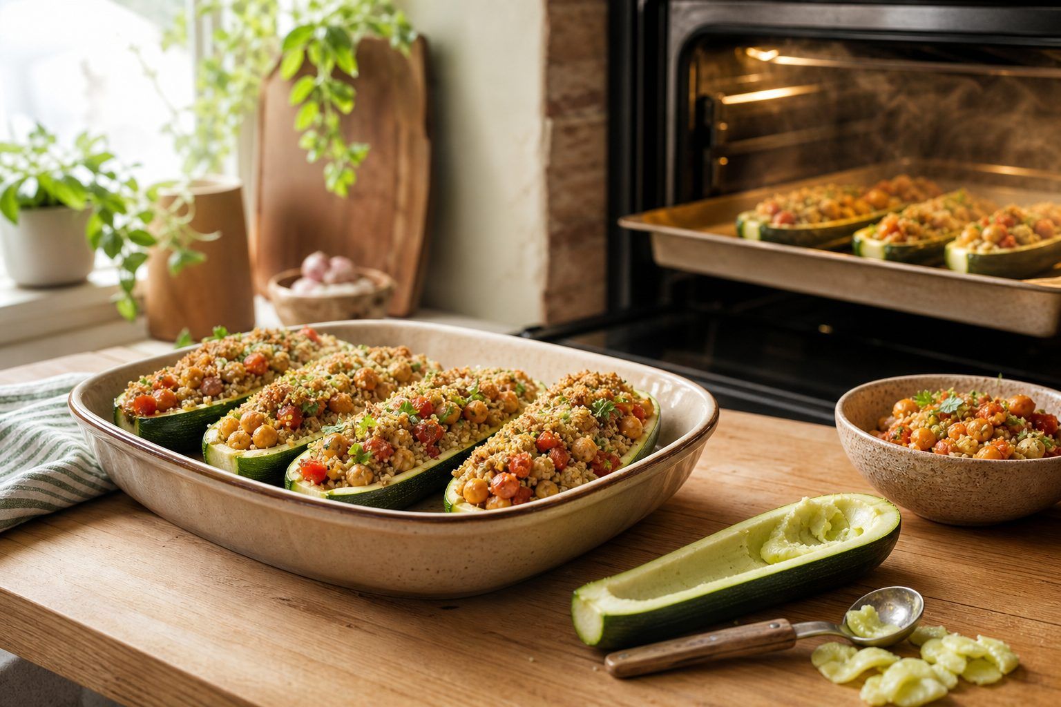 Préparation : vider, garnir et cuire les courgettes au four
