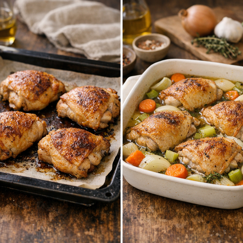 Faut-il cuire les cuisses de poulet seules pour maximiser le croustillant, ou avec un fond d’eau et des légumes pour pri