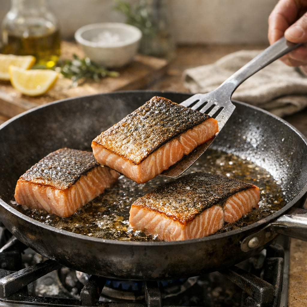 Le saumon à la poêle : réussir surtout le côté peau pour ne pas tromper la cuisson