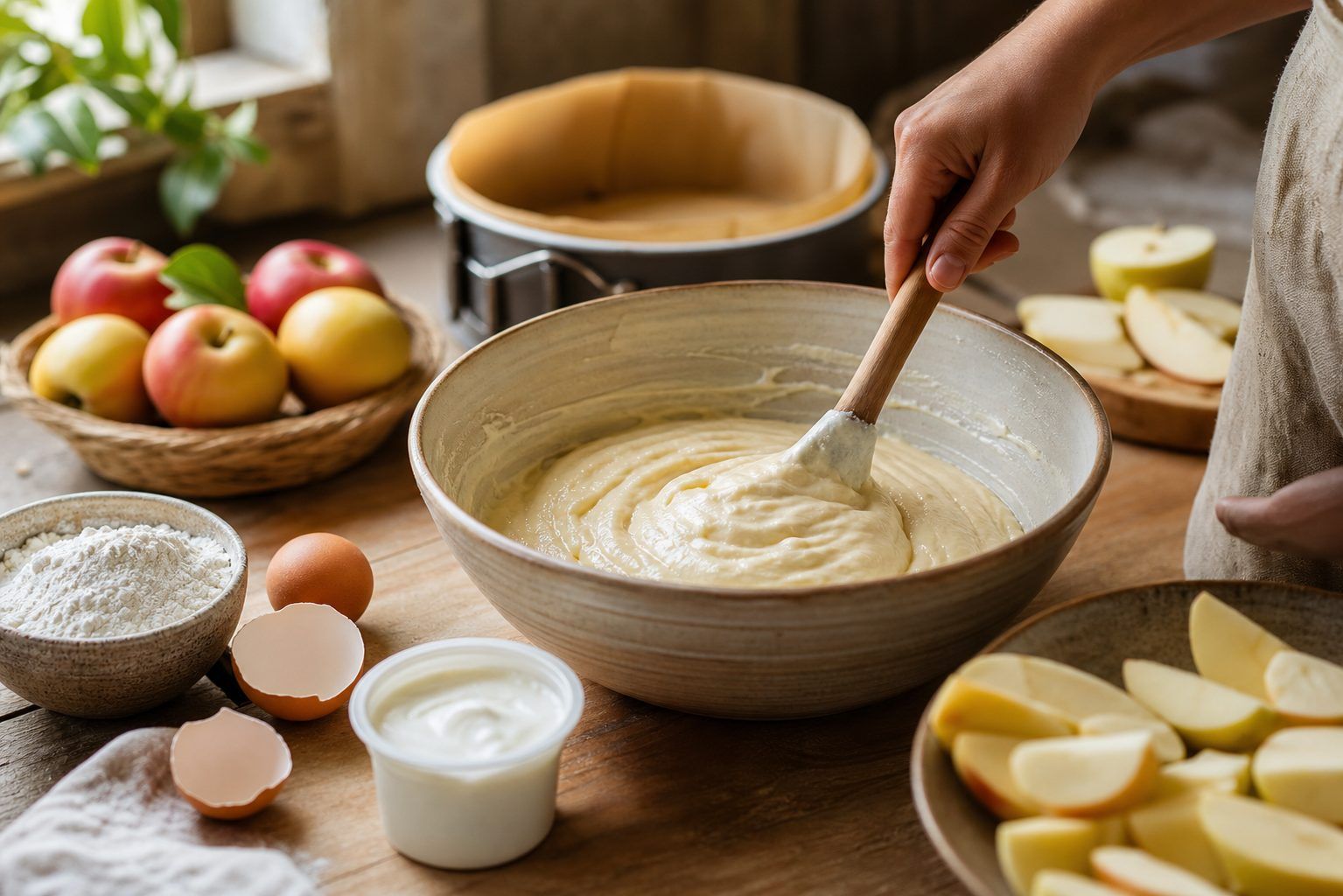 Préparation du gâteau aux pommes facile au fromage blanc