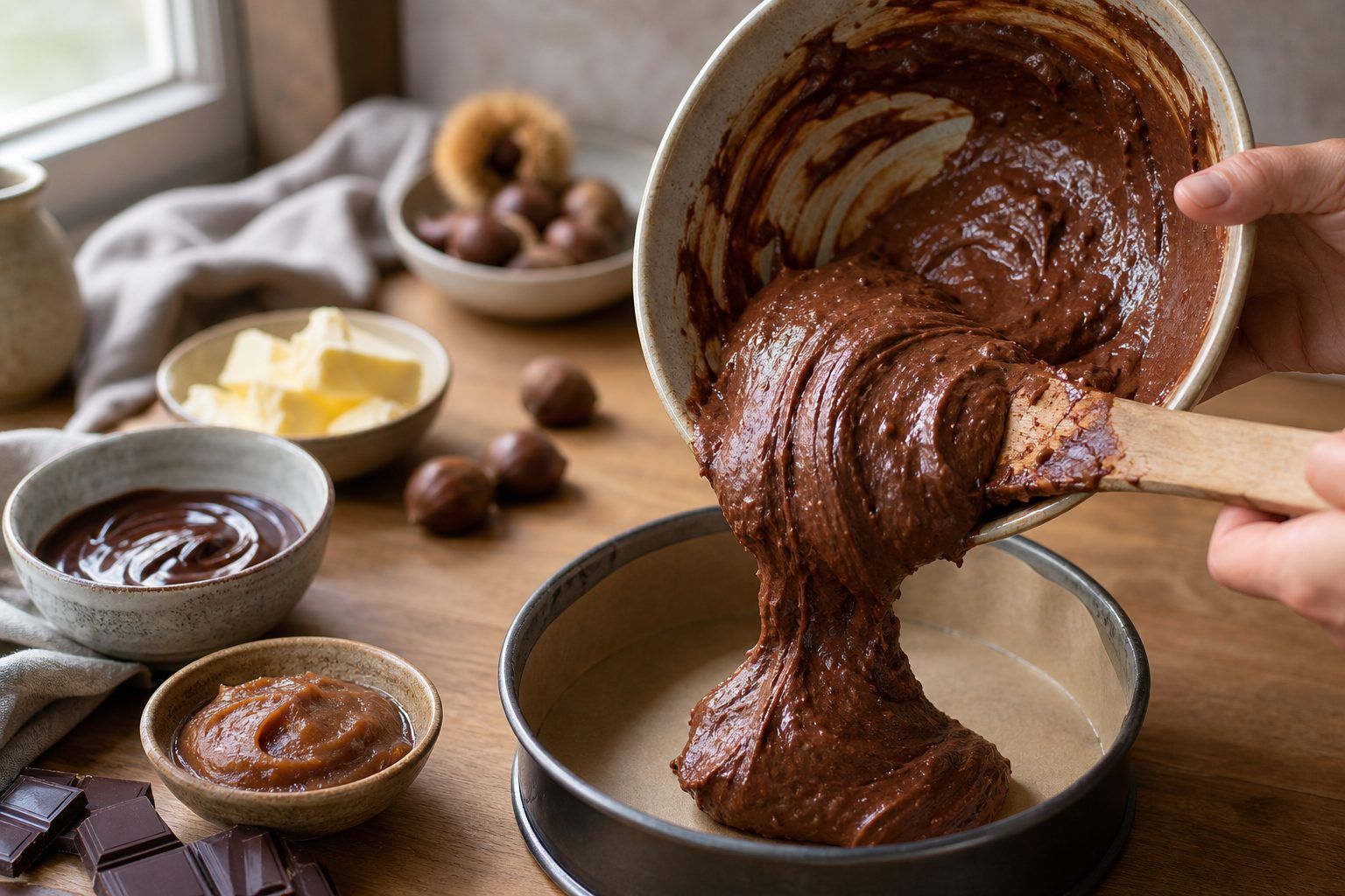 Préparation du gâteau châtaigne chocolat, sans le dessécher