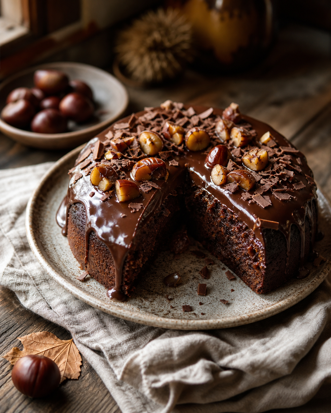 Le gâteau châtaigne et chocolat révèle un fondant d’automne