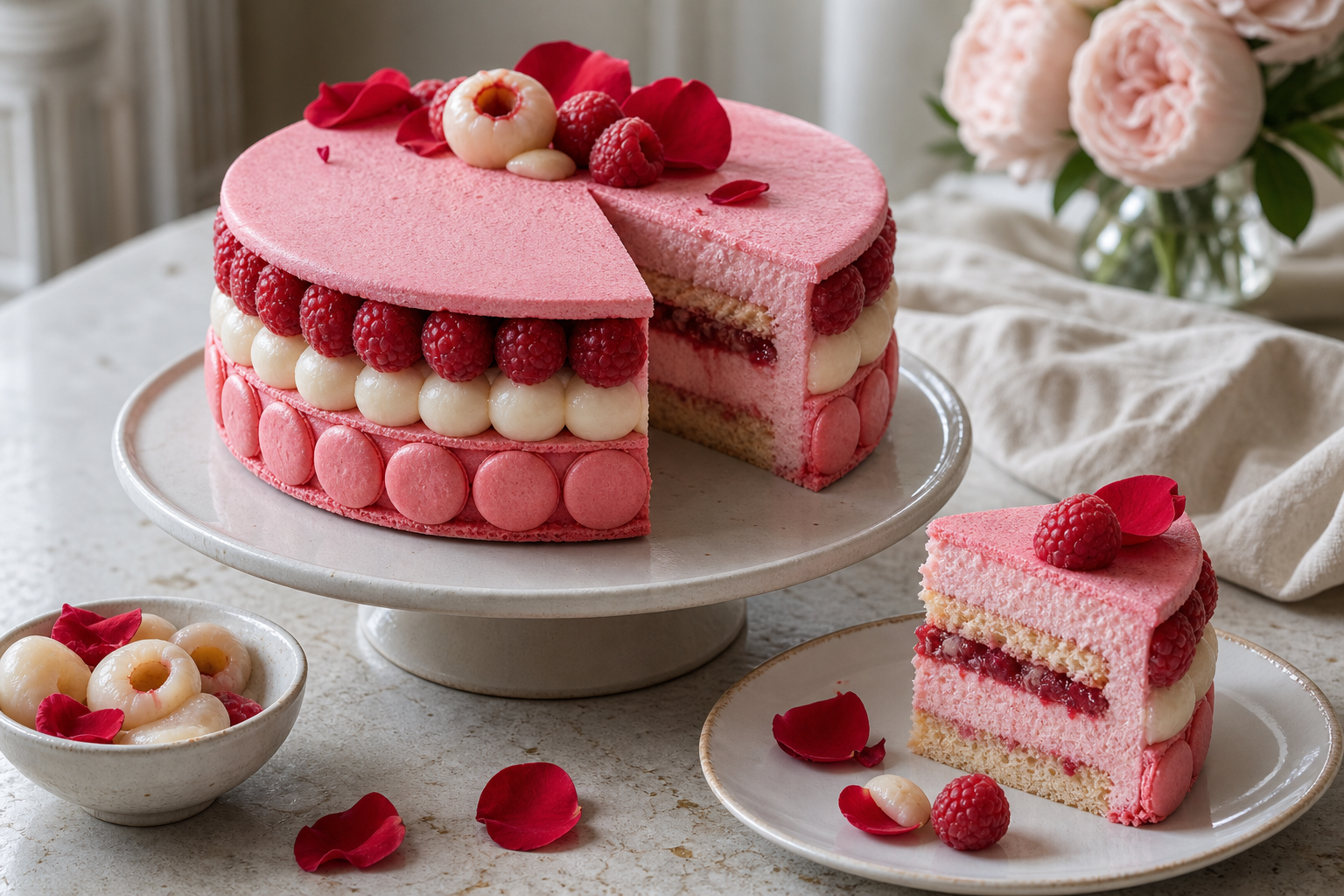Le gâteau Ispahan marie rose, framboise et litchi