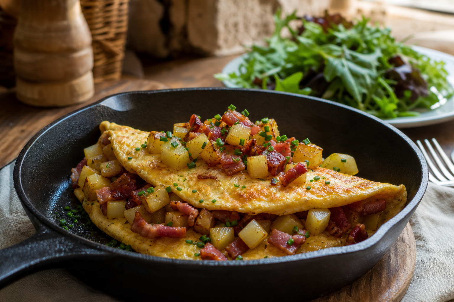 L’omelette aux lardons et pommes de terre reste moelleuse