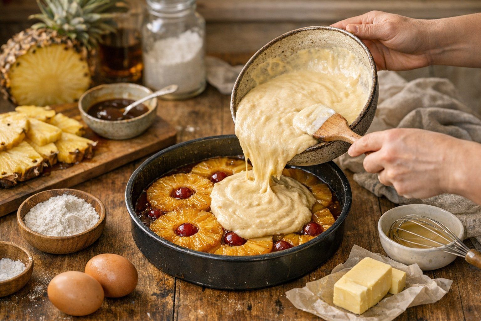Préparation du gâteau renversé à l'ananas caramélisé