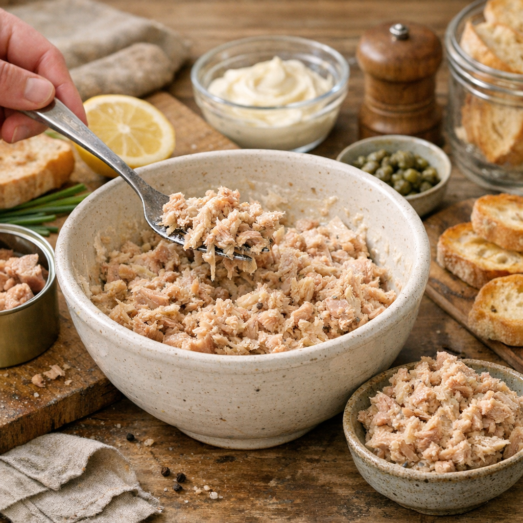 Préparation : comment garder une vraie texture de rillette de thon, avec des morceaux et des filaments ?