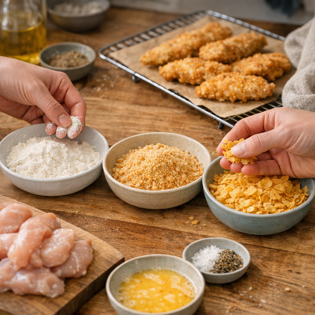Préparation : comparer farine, chapelure et corn flakes pour choisir la bonne croûte