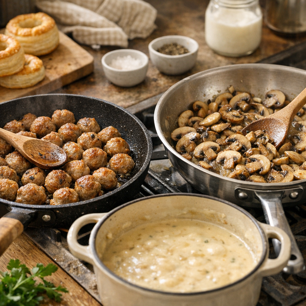 Faut-il cuire séparément les petites boulettes et les champignons avant de les réunir dans la sauce ?