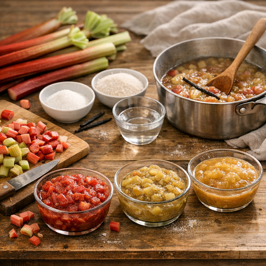 Recette de compote de rhubarbe à la vanille : proportions, cuisson et texture selon la maturité des tiges
