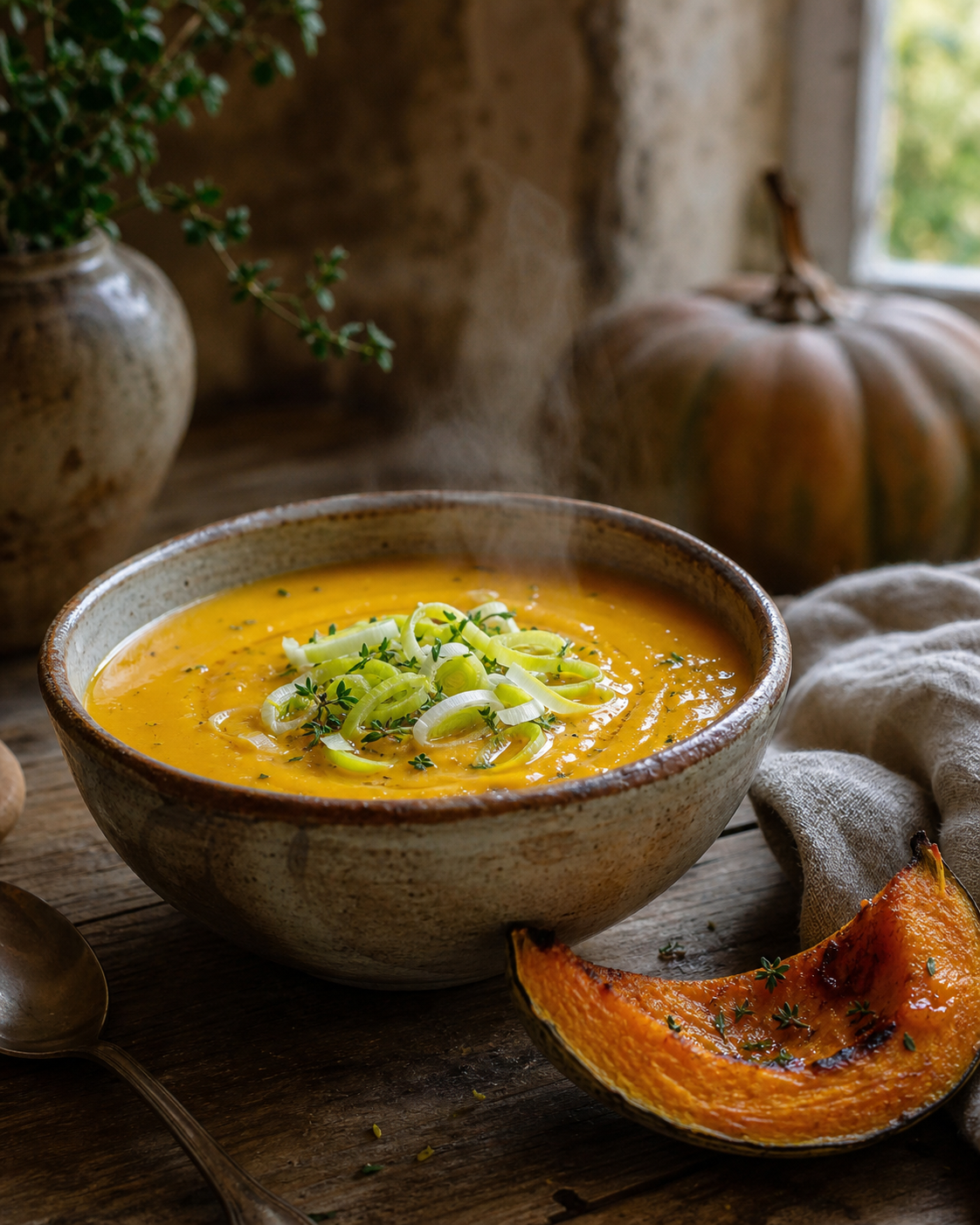 Cette soupe de potiron et poireaux devient un velouté soyeux