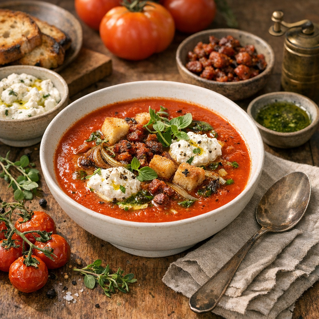 Comment donner du relief à une soupe de tomates sans la transformer en simple velouté crème-basilic déjà vu partout ?