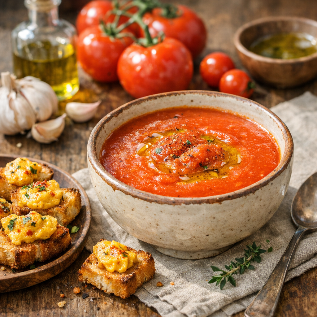 Cette Soupe de tomates maison gagne en relief sans lourdeur