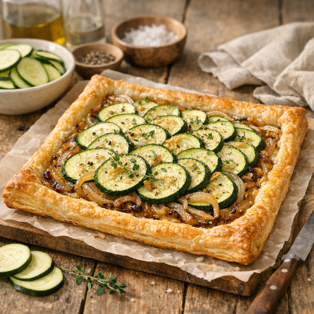 Recette de base : une tarte courgette-oignons pensée pour rester croustillante