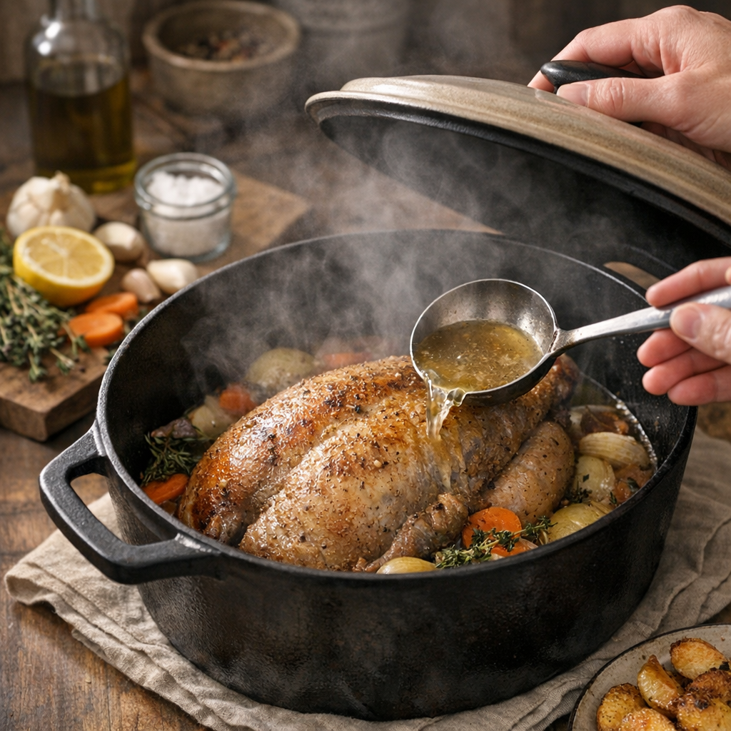 Préparation et cuisson en cocotte : la méthode qui garde la pintade tendre